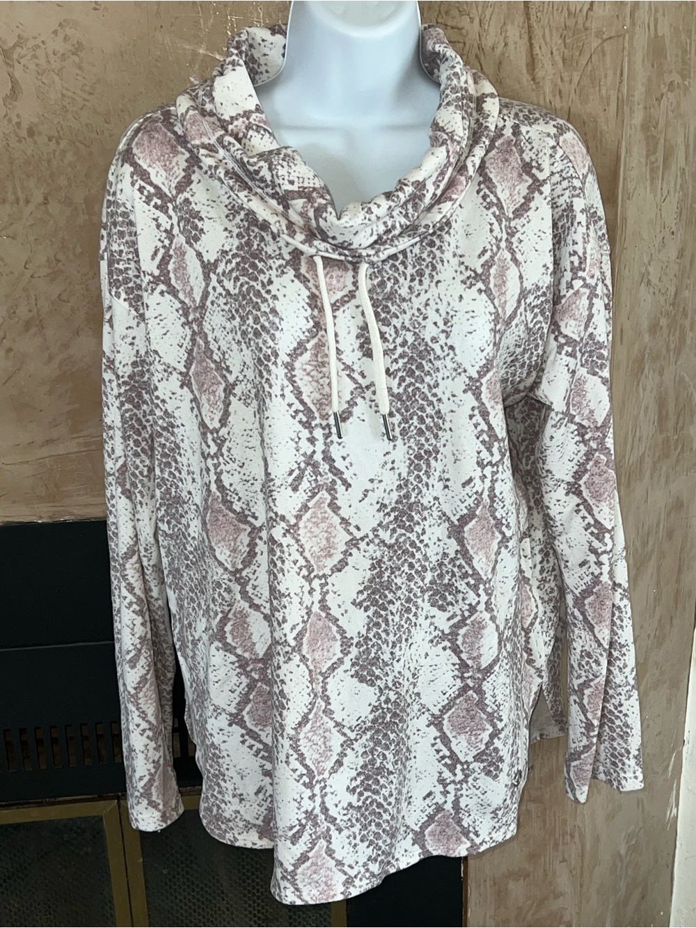 Calvin Klein Snakeskin Print Cowl Neck Pullover Blush Cream Size S